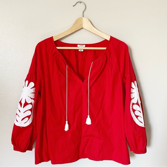 Women’s J.Crew Appliqué Peasant Top Shirt Blouse Red White Tassels Medium - Picture 2 of 9